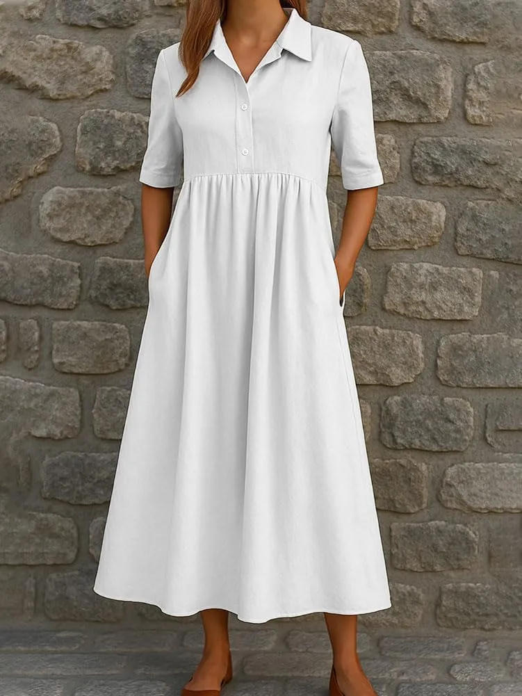 chouyatou Women's Casual Button Up Polo Collar Shirt Dress Short Sleeve Midi Long Dress with Pockets