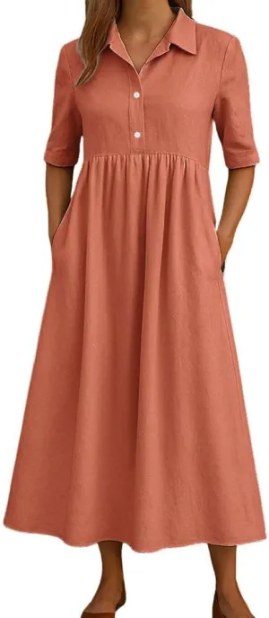 chouyatou Women's Casual Button Up Polo Collar Shirt Dress Short Sleeve Midi Long Dress with Pockets