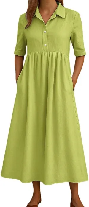 chouyatou Women's Casual Button Up Polo Collar Shirt Dress Short Sleeve Midi Long Dress with Pockets