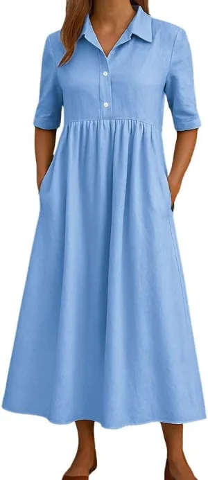 chouyatou Women's Casual Button Up Polo Collar Shirt Dress Short Sleeve Midi Long Dress with Pockets