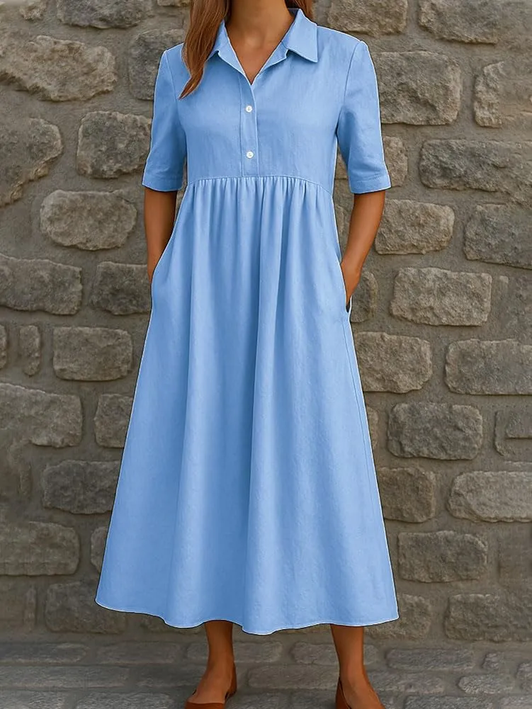 chouyatou Women's Casual Button Up Polo Collar Shirt Dress Short Sleeve Midi Long Dress with Pockets