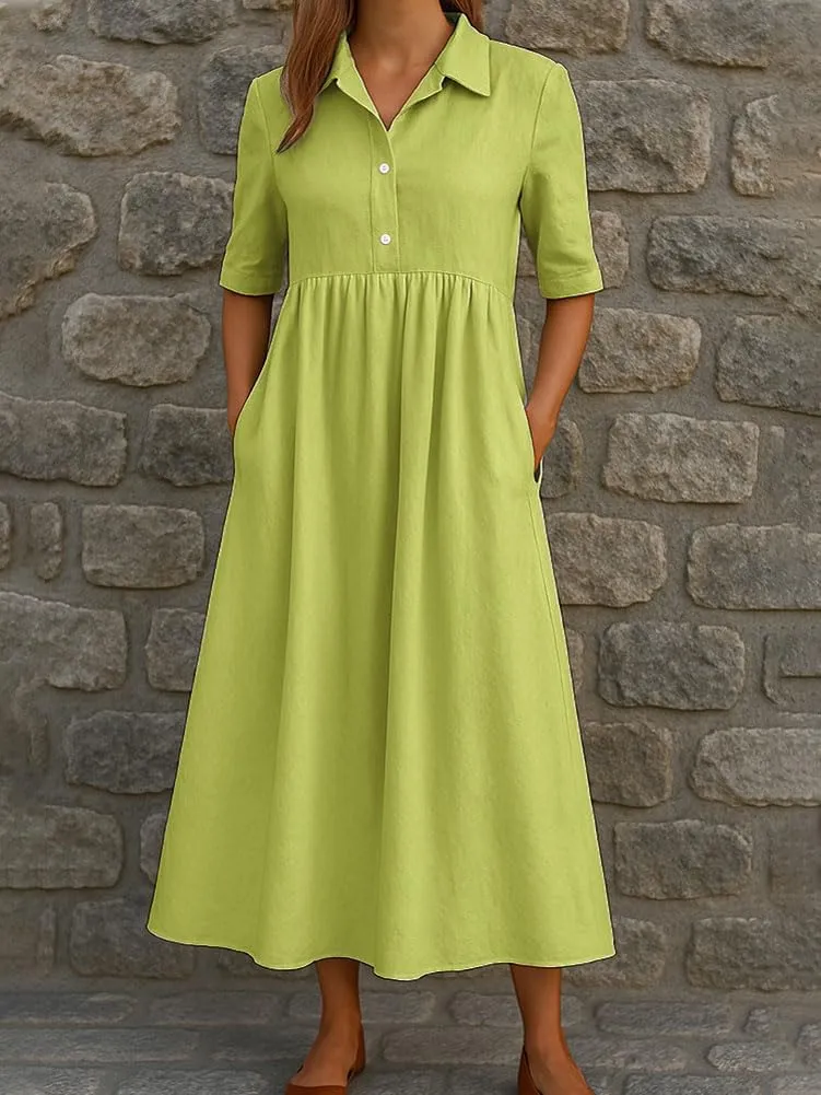 chouyatou Women's Casual Button Up Polo Collar Shirt Dress Short Sleeve Midi Long Dress with Pockets