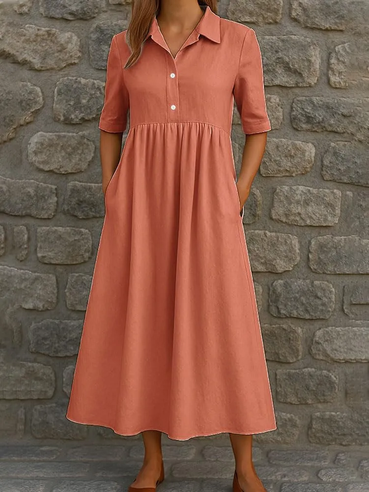 chouyatou Women's Casual Button Up Polo Collar Shirt Dress Short Sleeve Midi Long Dress with Pockets