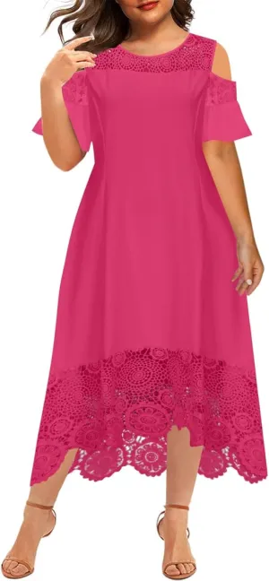 Cold Shoulder Dresses for Women Plus Size Floral Lace Hem Gowns Dress Short Sleeve Crewneck Cocktail Formal Dress