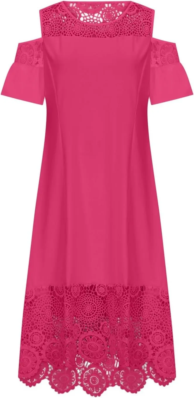 Cold Shoulder Dresses for Women Plus Size Floral Lace Hem Gowns Dress Short Sleeve Crewneck Cocktail Formal Dress