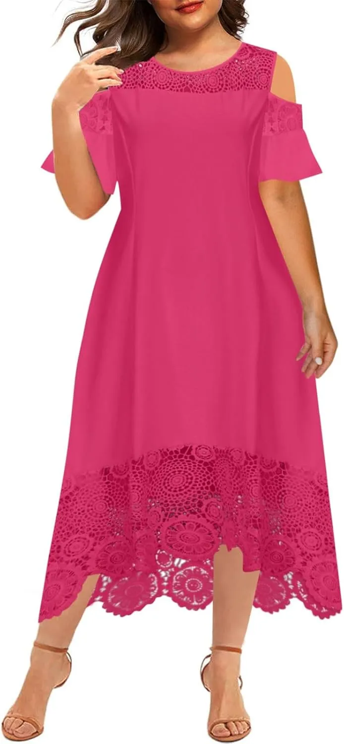 Cold Shoulder Dresses for Women Plus Size Floral Lace Hem Gowns Dress Short Sleeve Crewneck Cocktail Formal Dress
