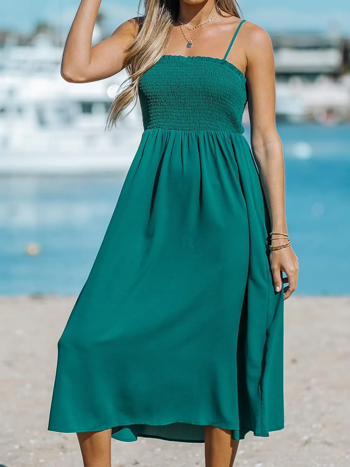 CUPSHE Women Pretty Smocked Cami Dress Adjustable Straps Summer Maxi Dresses