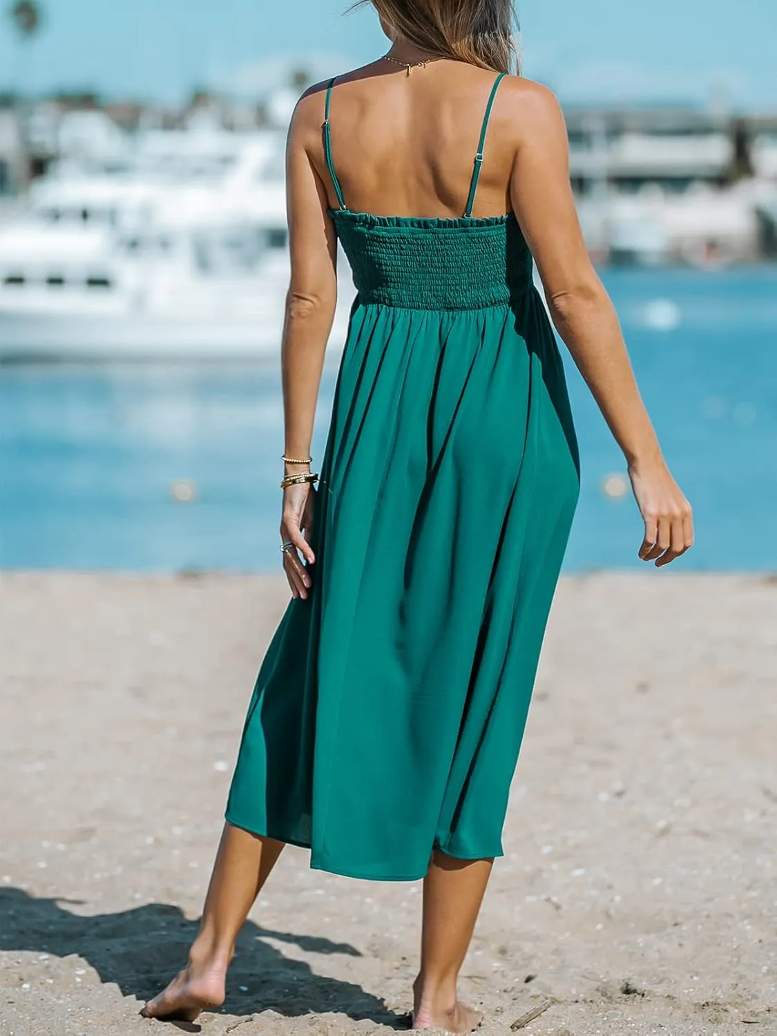 CUPSHE Women Pretty Smocked Cami Dress Adjustable Straps Summer Maxi Dresses