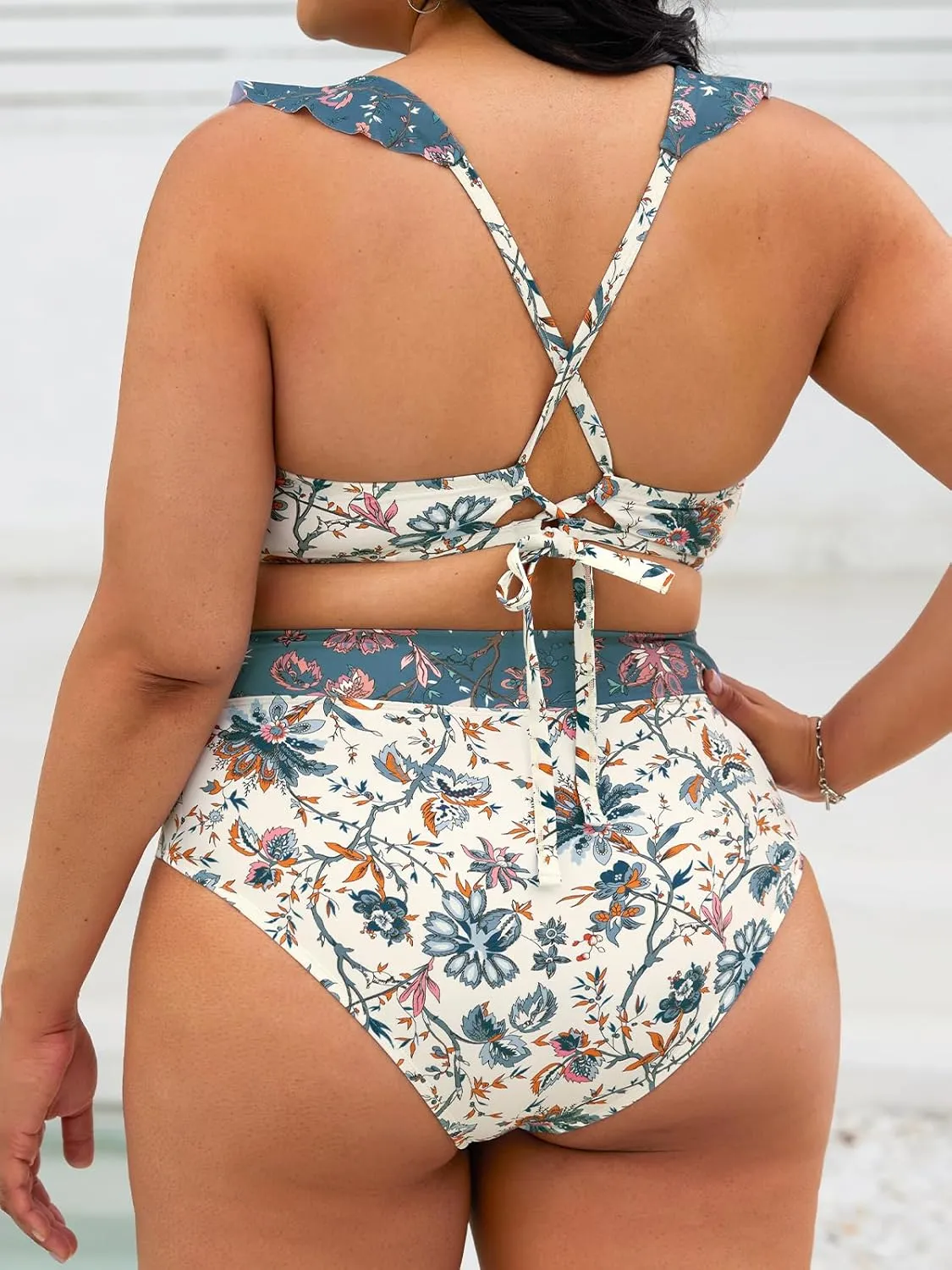 CUPSHE Women's Plus Size Swimsuit Two Piece Bathing Suit Banded High Waisted Lace-up Paisley Swimwear