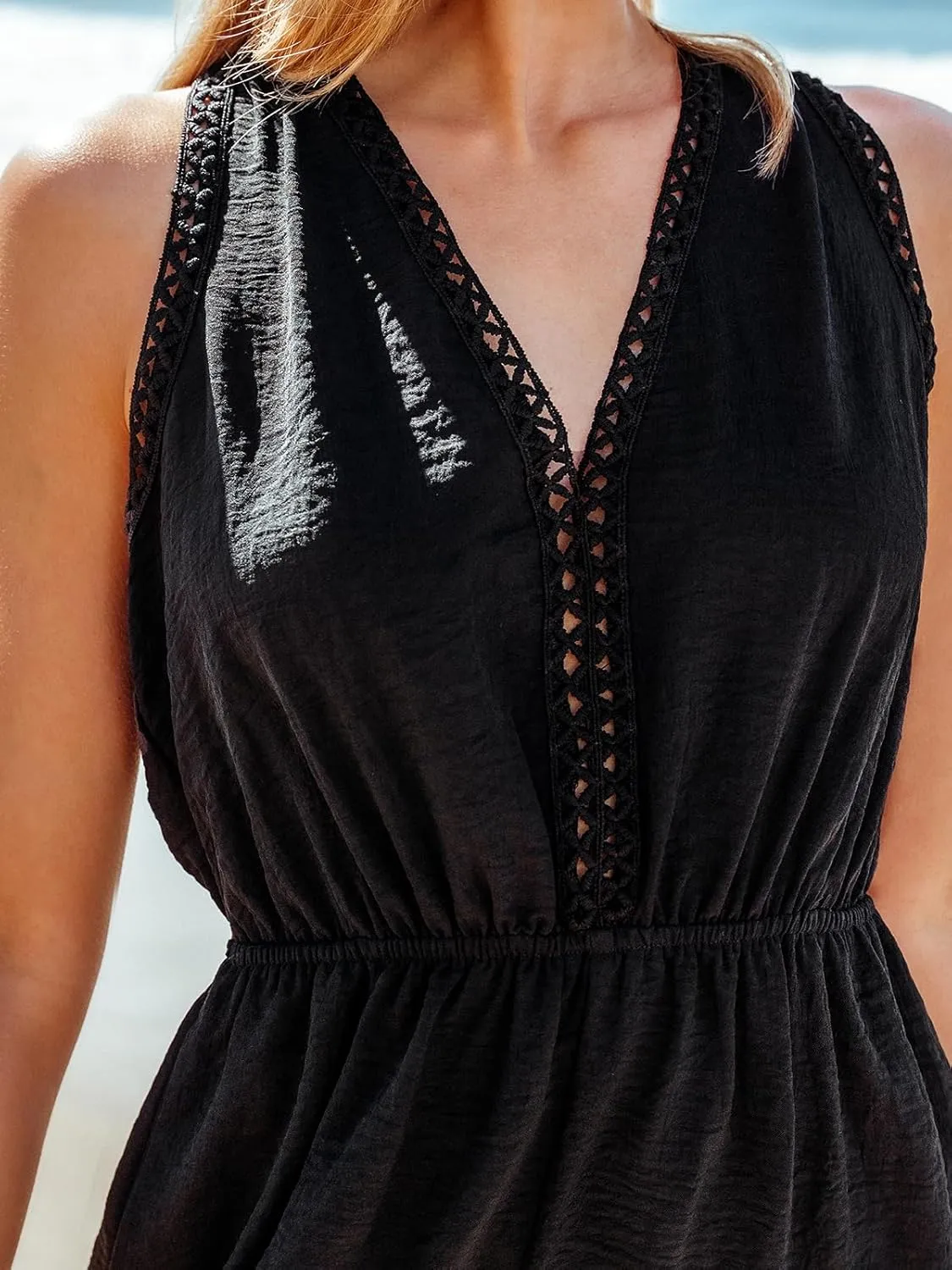 CUPSHE Women's Sleeveless Plunging Keyhole Wide Leg Jumpsuit Eyelet Summer Beach Vacation Cover Up Romper