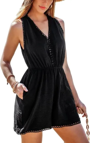 CUPSHE Women's Sleeveless Plunging Keyhole Wide Leg Jumpsuit Eyelet Summer Beach Vacation Cover Up Romper