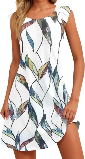 Cute Dresses for Women Spring Summer Floral Printed Crew Neck Ruffled Sleeves Midi Sundress Loose Daily Beach Dress