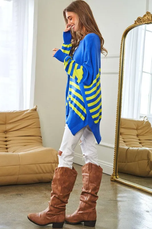 Davi & Dani Multi Striped Elbow Patch Loose Fit Sweater
