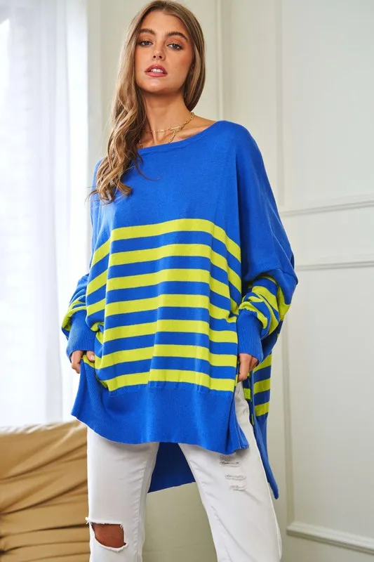 Davi & Dani Multi Striped Elbow Patch Loose Fit Sweater