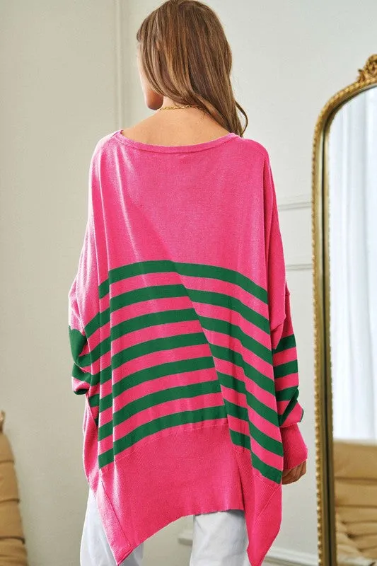 Davi & Dani Multi Striped Elbow Patch Loose Fit Sweater