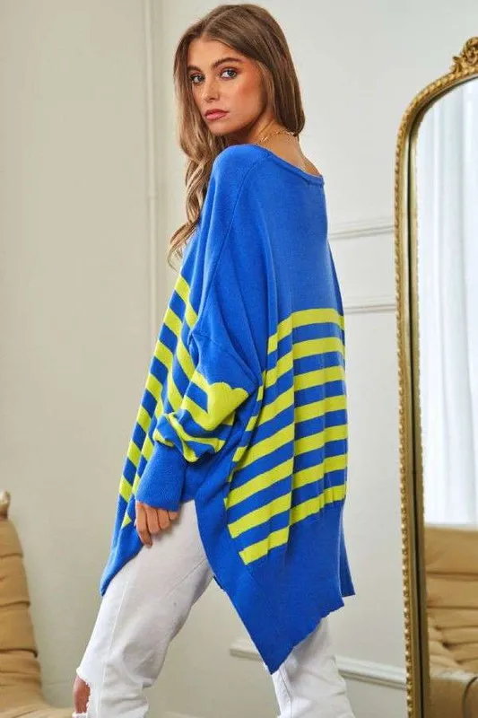 Davi & Dani Multi Striped Elbow Patch Loose Fit Sweater