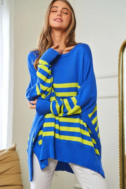 Davi & Dani Multi Striped Elbow Patch Loose Fit Sweater