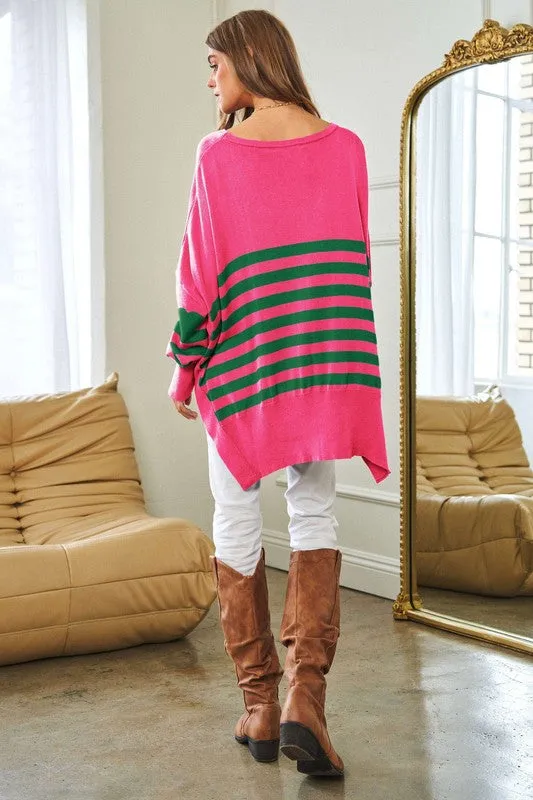 Davi & Dani Multi Striped Elbow Patch Loose Fit Sweater
