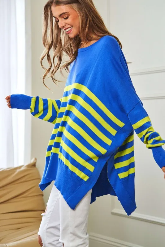 Davi & Dani Multi Striped Elbow Patch Loose Fit Sweater