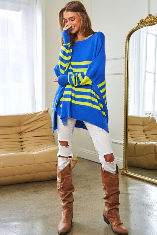 Davi & Dani Multi Striped Elbow Patch Loose Fit Sweater
