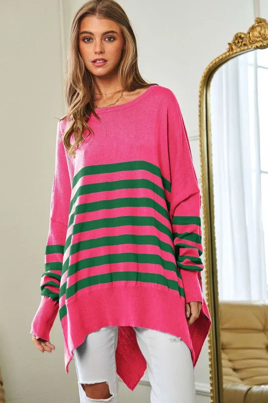 Davi & Dani Multi Striped Elbow Patch Loose Fit Sweater