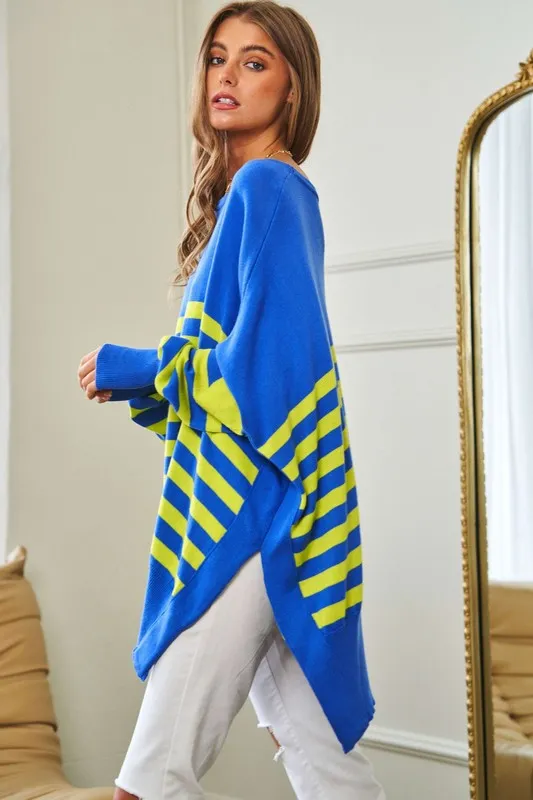 Davi & Dani Multi Striped Elbow Patch Loose Fit Sweater