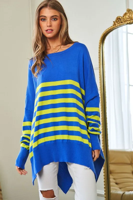 Davi & Dani Multi Striped Elbow Patch Loose Fit Sweater