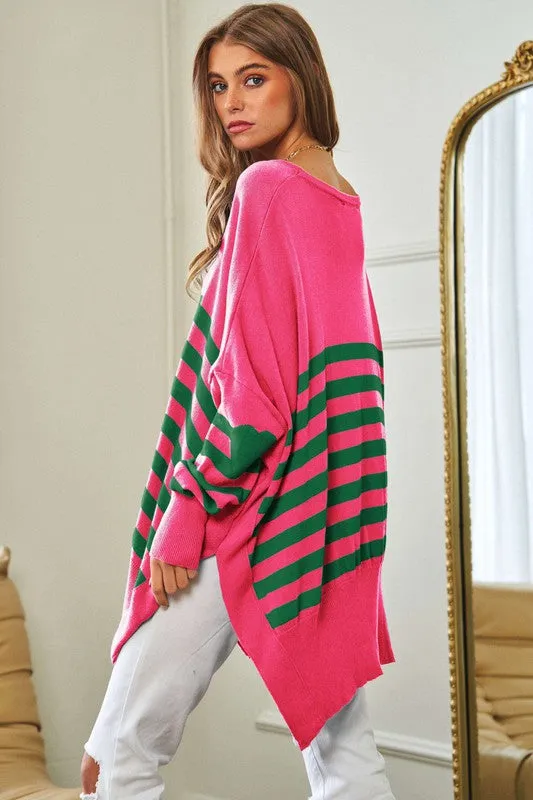 Davi & Dani Multi Striped Elbow Patch Loose Fit Sweater