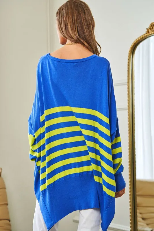Davi & Dani Multi Striped Elbow Patch Loose Fit Sweater