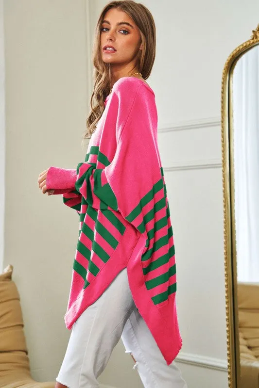 Davi & Dani Multi Striped Elbow Patch Loose Fit Sweater