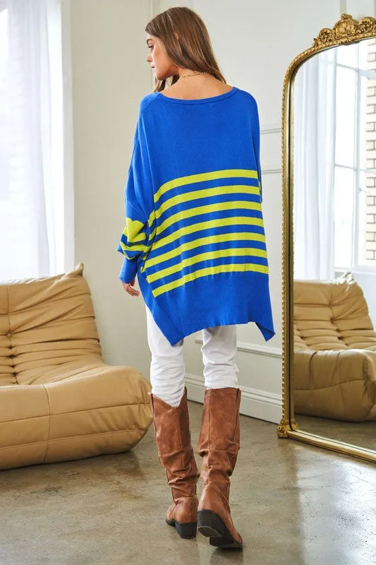 Davi & Dani Multi Striped Elbow Patch Loose Fit Sweater