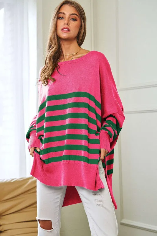 Davi & Dani Multi Striped Elbow Patch Loose Fit Sweater
