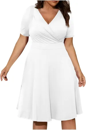 DDAPJ pyju Women's Plus Size Summer Dresses Wrap V Neck Short Sleeve Midi Dress Solid Color Loose Flowy Dress with Pockets