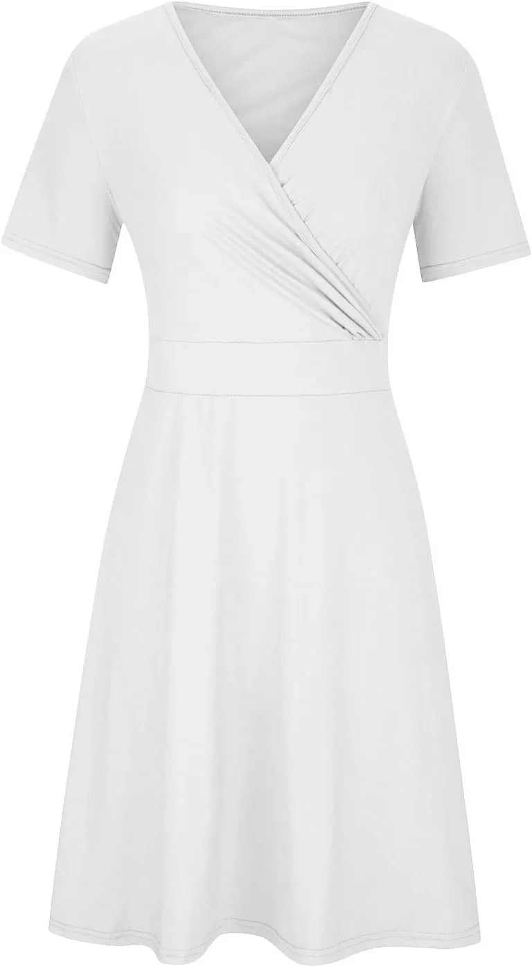 DDAPJ pyju Women's Plus Size Summer Dresses Wrap V Neck Short Sleeve Midi Dress Solid Color Loose Flowy Dress with Pockets