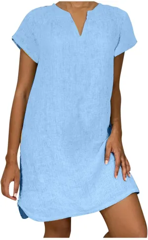 Dresses for Women 2024 Casual Cotton Linen Cap Sleeve V Neck Midi Dress Summer Fashion Solid Party Beach Sundress