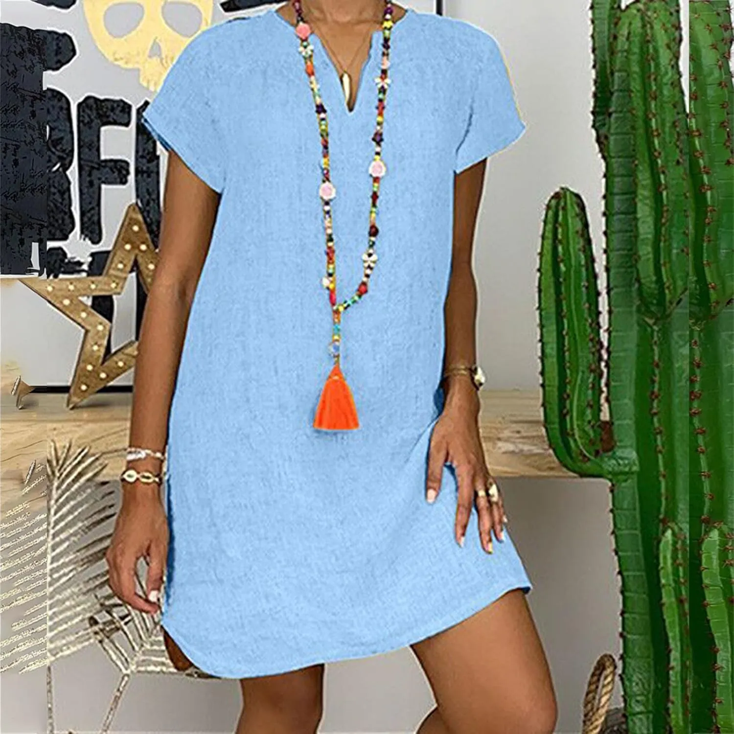 Dresses for Women 2024 Casual Cotton Linen Cap Sleeve V Neck Midi Dress Summer Fashion Solid Party Beach Sundress