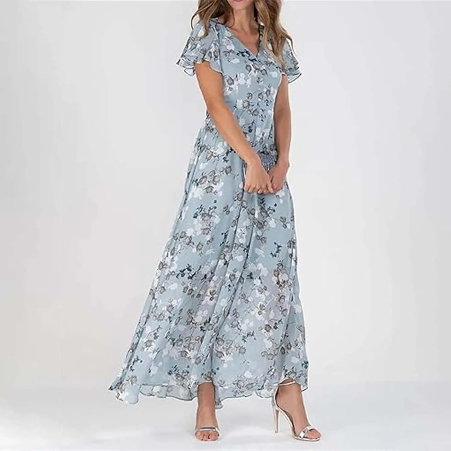 Easter Dresses for Women 2025 Swing Flowy Ruffle Hem Dress Short Sleeve Chiffon Midi Dress Summer Beach Dresses