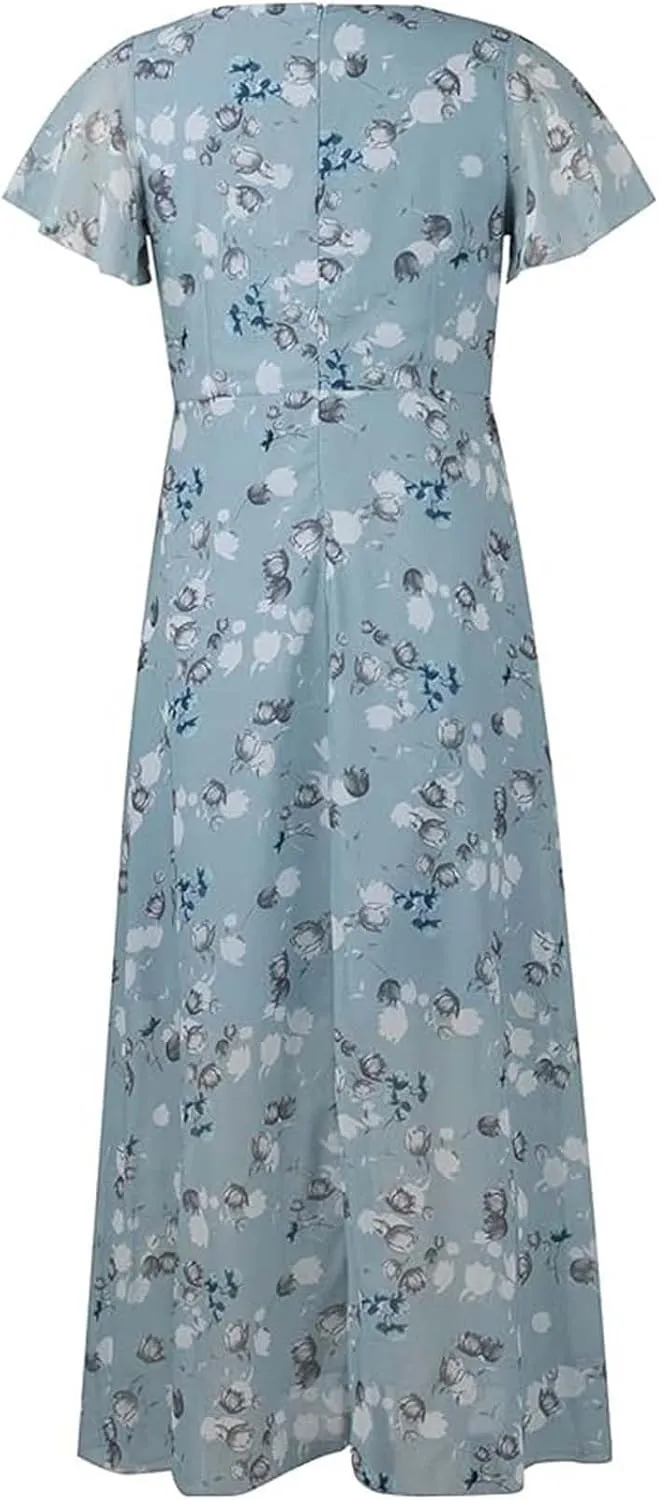 Easter Dresses for Women 2025 Swing Flowy Ruffle Hem Dress Short Sleeve Chiffon Midi Dress Summer Beach Dresses