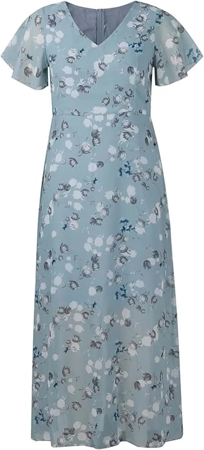 Easter Dresses for Women 2025 Swing Flowy Ruffle Hem Dress Short Sleeve Chiffon Midi Dress Summer Beach Dresses