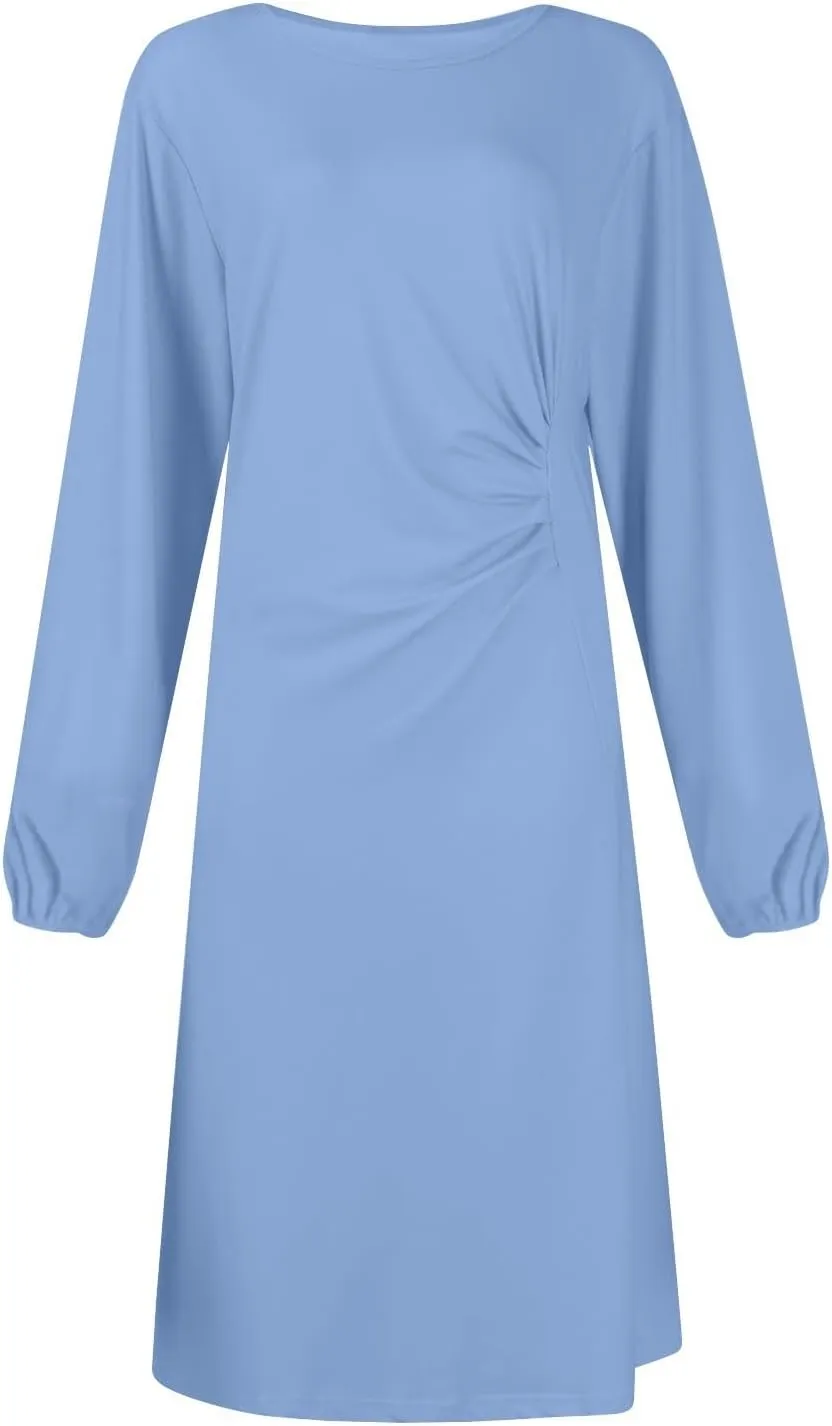 Elegant Women's Long Sleeve Midi Dress with Asymmetrical Hem and Waist Detail Perfect for Casual or Fashion