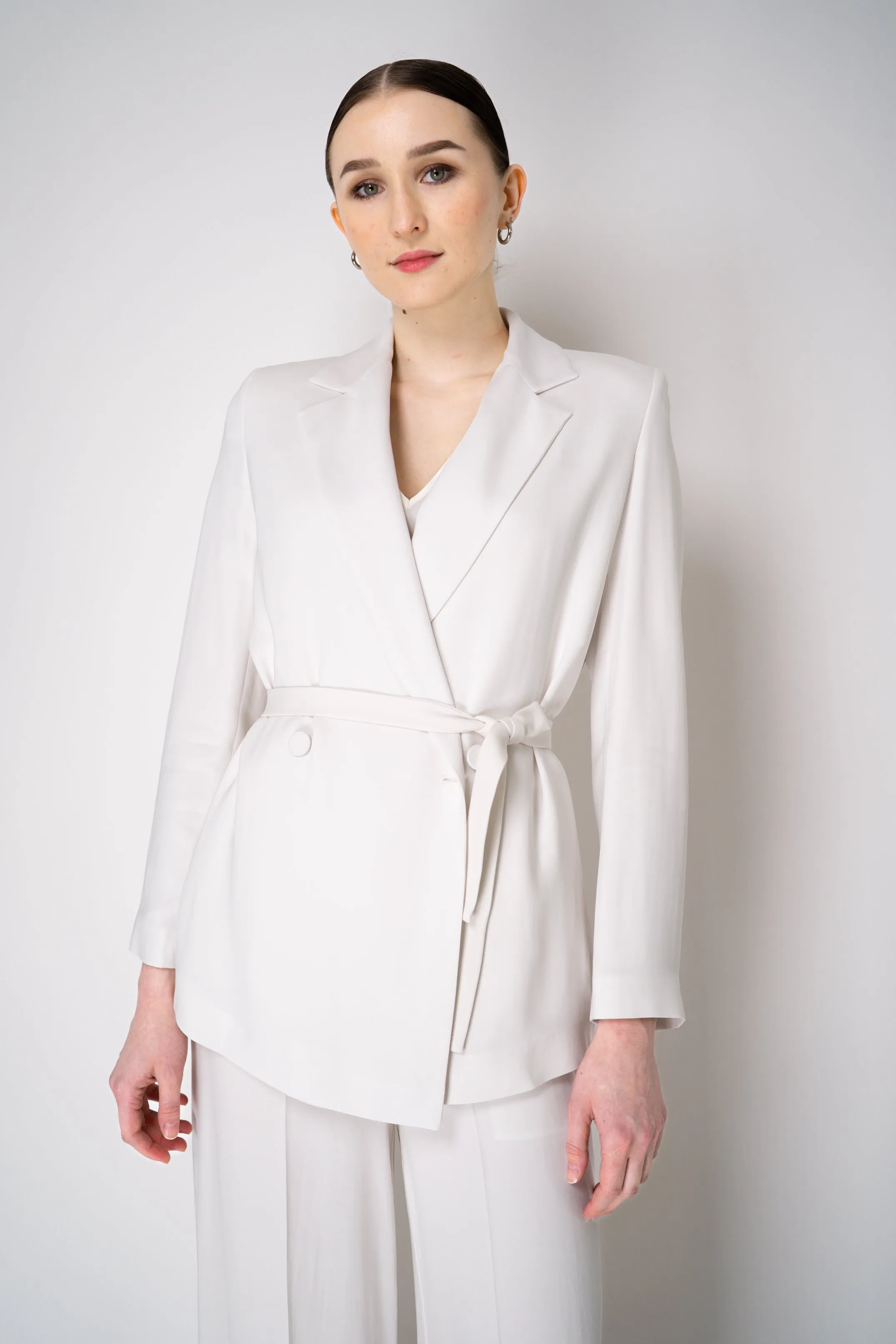 Erika Cavallini Cady Double Breasted Blazer with Tie Belt in White