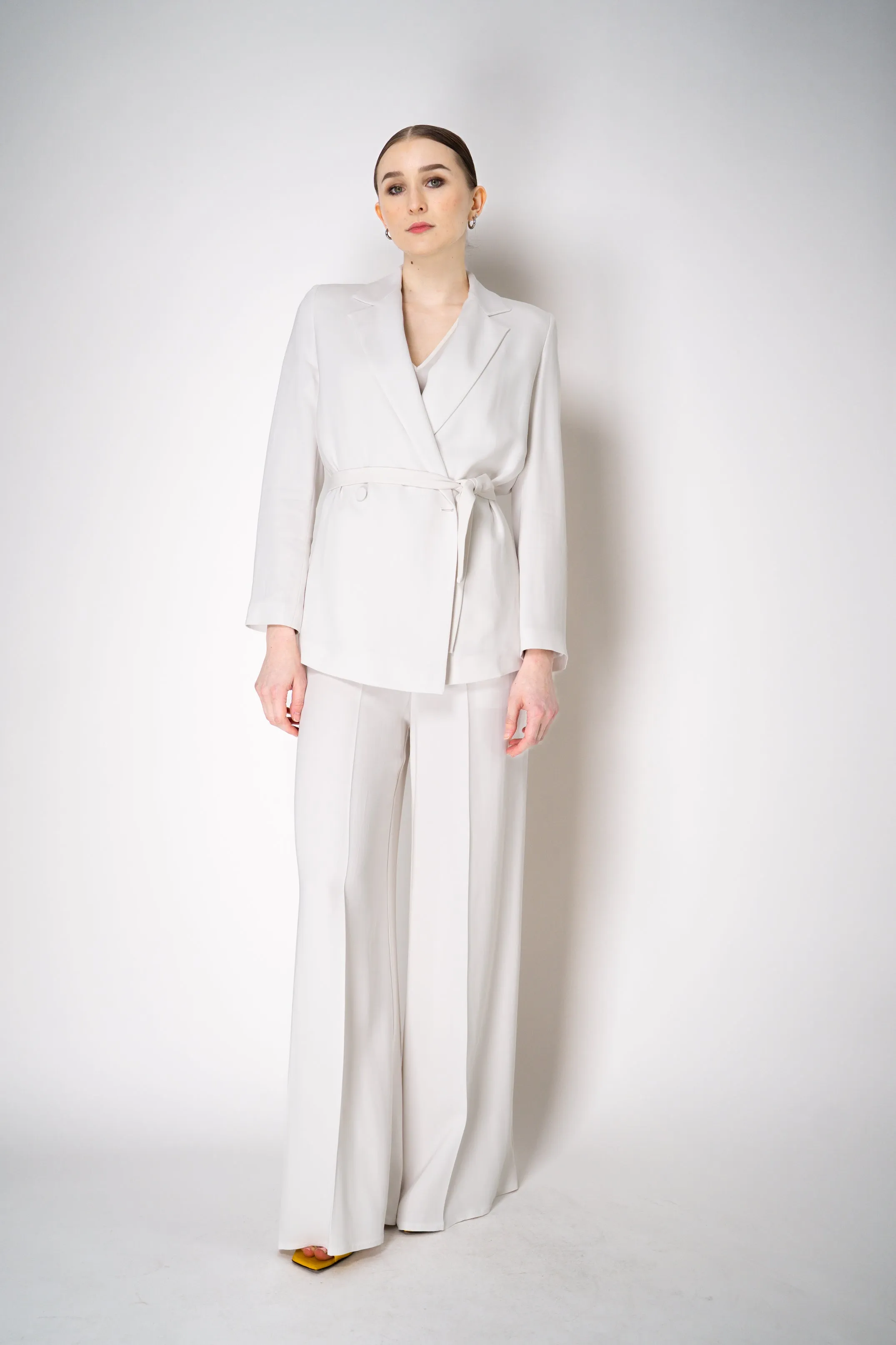 Erika Cavallini Cady Double Breasted Blazer with Tie Belt in White