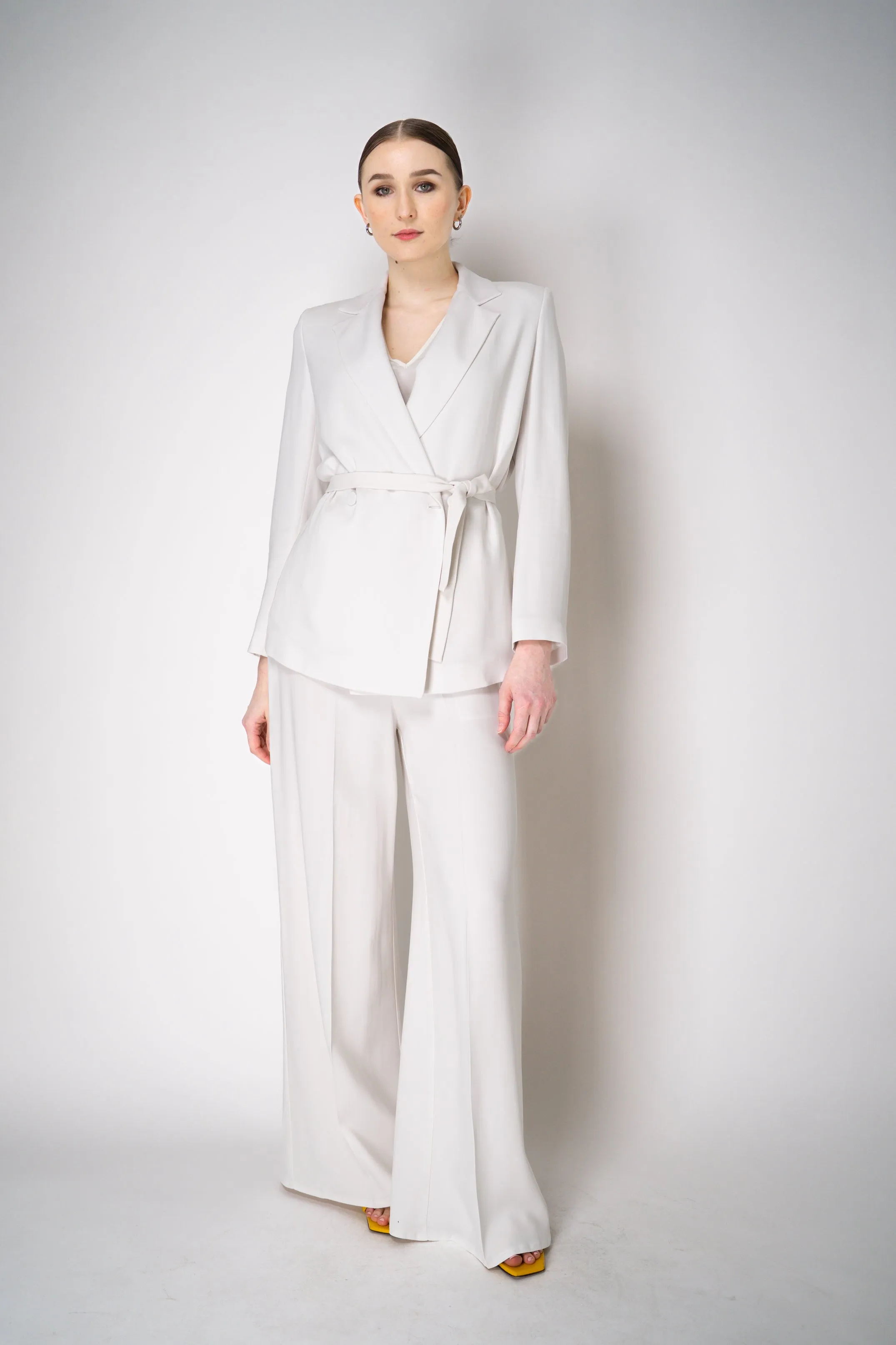 Erika Cavallini Cady Double Breasted Blazer with Tie Belt in White