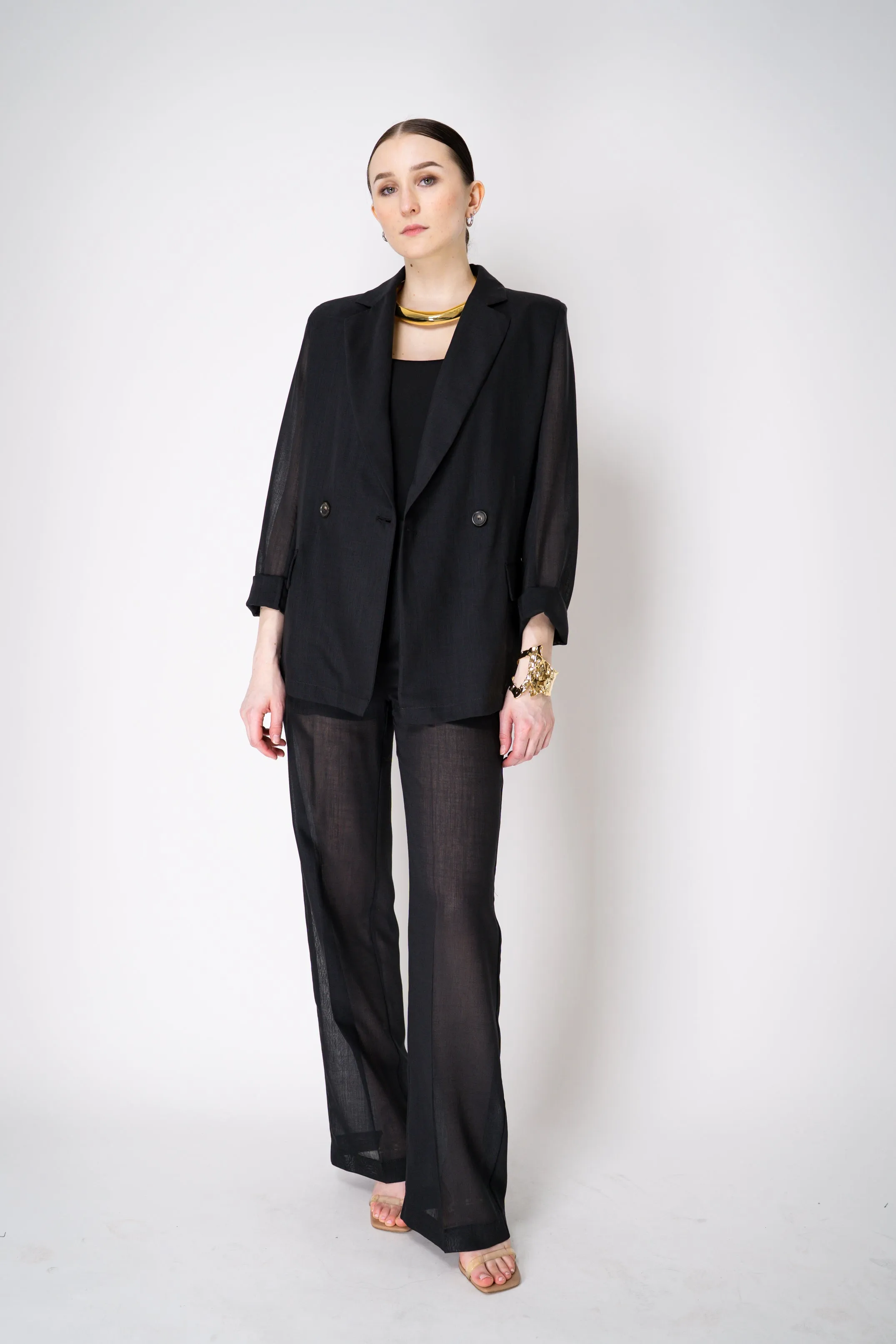 Erika Cavallini Sheer Double Breasted Virgin Wool Blazer in Black