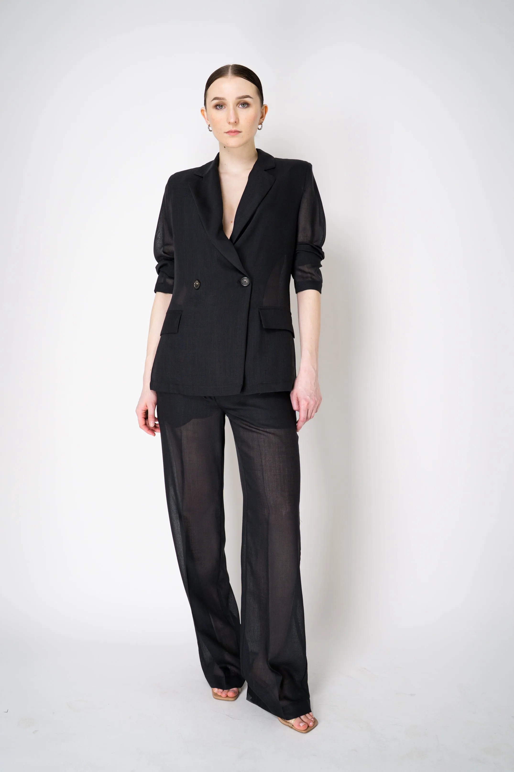 Erika Cavallini Sheer Double Breasted Virgin Wool Blazer in Black
