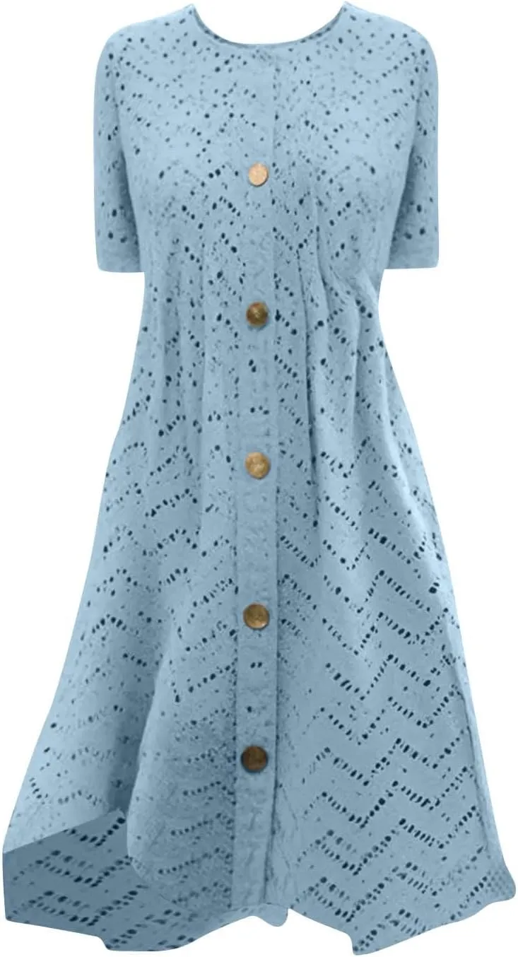 Eyelet Dresses for Women 2025 Summer Crew Neck Short Sleeve Mini Dress A Line Button Trim Pleated Casual Dresses
