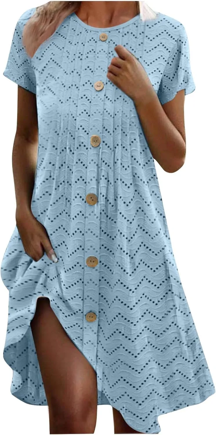 Eyelet Dresses for Women 2025 Summer Crew Neck Short Sleeve Mini Dress A Line Button Trim Pleated Casual Dresses