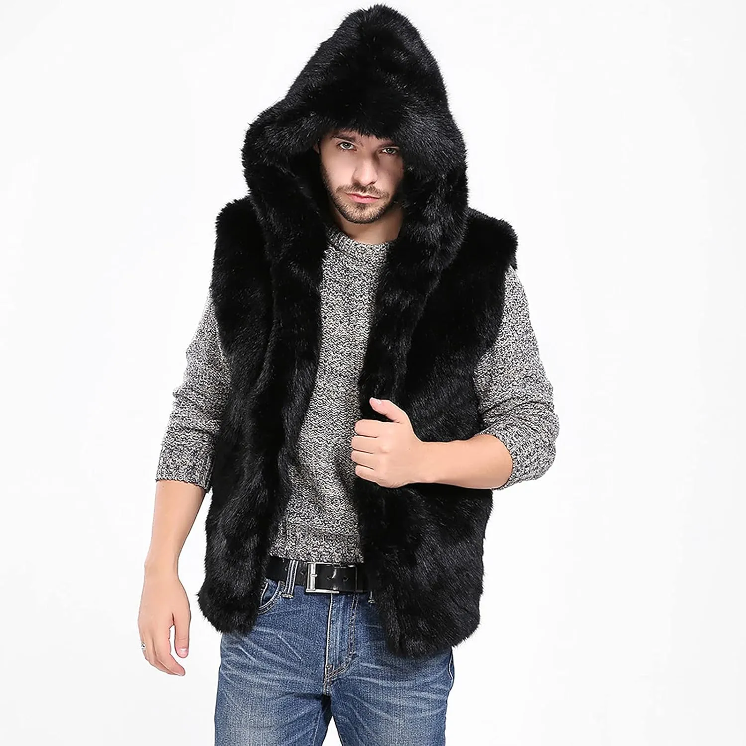 Faux Fur Vest Jacket for Men Solid Color Stand Collar Waistcoat Autumn Winter Fashion Vest Jacket Top Coat