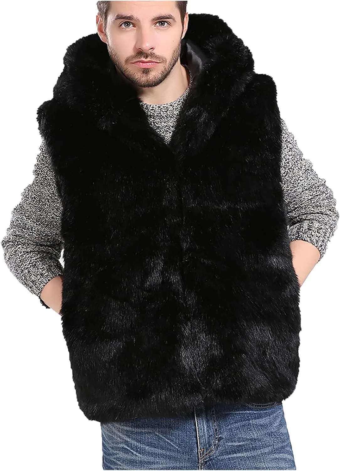 Faux Fur Vest Jacket for Men Solid Color Stand Collar Waistcoat Autumn Winter Fashion Vest Jacket Top Coat