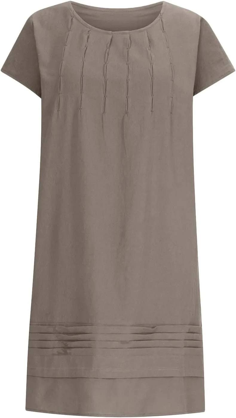 Finelylove Womens Casual Summer Cotton Linen Dresses Midi Flowy Beach Dress Short Sleeve Ruffled Shift Dress Loose Sundress
